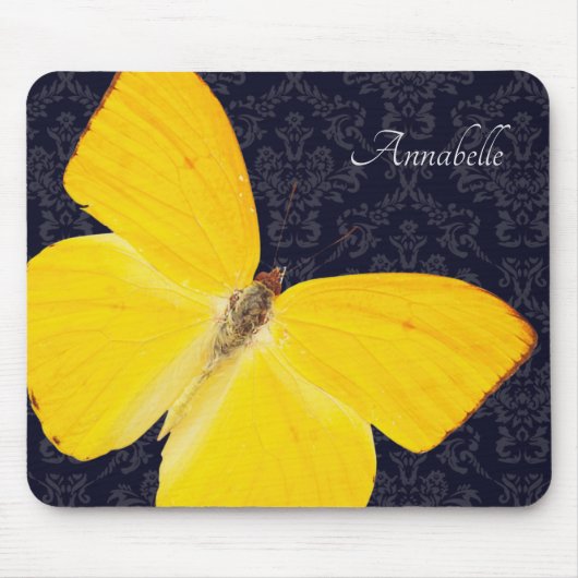 黄エレガント蝶ブラックダマスク名の追加 マウスパッド (正面)