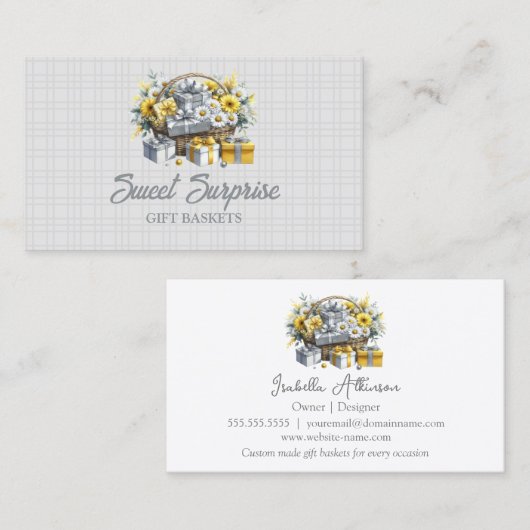 黄エレガント金ゴールド銀ギフトバスケット 名刺 (正面/裏面)