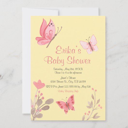 黄カジュアル色ピンクのフローラ蝶ベビーシャワー 招待状 (正面)