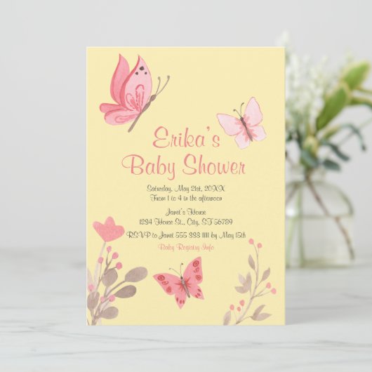 黄カジュアル色ピンクのフローラ蝶ベビーシャワー 招待状 (スタンド正面)