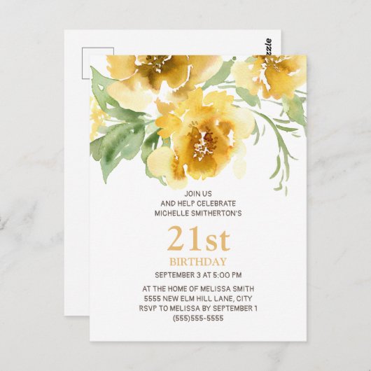 黄カスタマイズフローラ21歳の誕生日はがき ポストカード (正面/裏面)