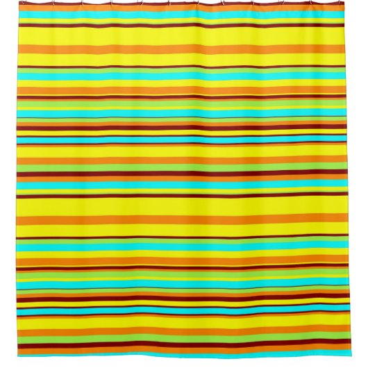 黄カラフルブルーグリーンストライプミッドセンチュリー シャワーカーテン (正面)