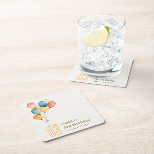 黄カラフル赤緑色風船子供の誕生日 スクエアペーパーコースター (インサイチュ)