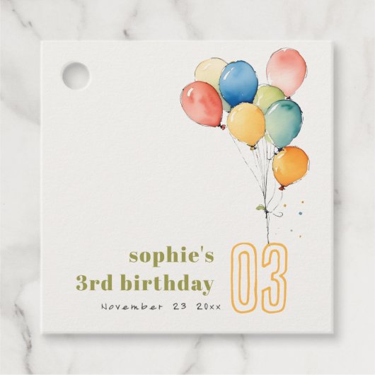 黄カラフル赤緑色風船子供の誕生日 フェイバータグ (正面)