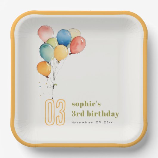 黄カラフル赤緑色風船子供の誕生日 ペーパープレート (正面)