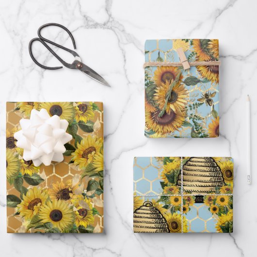 黄スタイリッシュ色ひまわり金ゴールドハニカムティール(緑がかった色) ラッピングペーパーシート (正面)