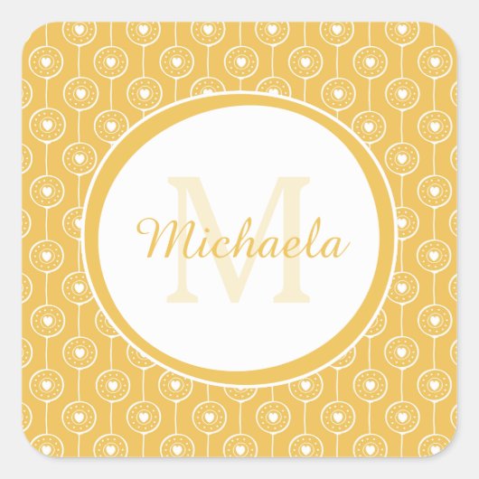 黄スタイリッシュ色・白ハートモノグラム スクエアシール (正面)