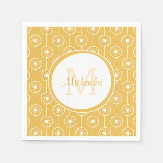 黄スタイリッシュ色・白ハートモノグラム スタンダードカクテルナプキン (正面)