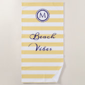 黄ストライプの白ビーチビベス ビーチタオル (正面)