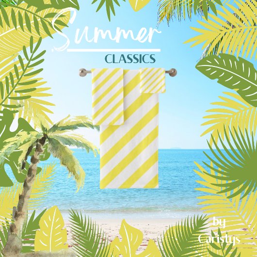 黄ストライプの色と白 バスタオルセット