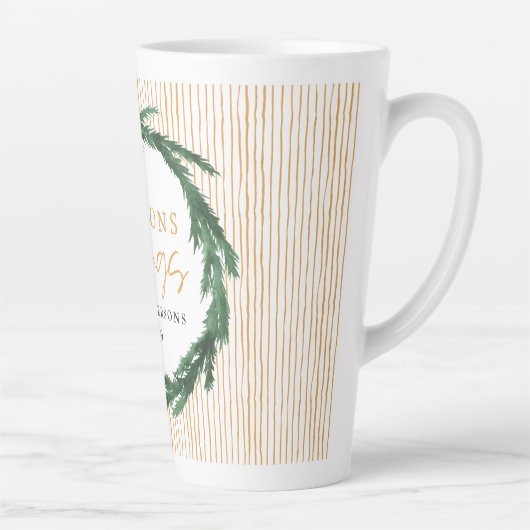 黄ストライプ色と水色リースクリスマス カフェラテマグ (右)