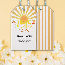 黄ストライプ色の来ここ赤ちゃんシャワー ギフトタグ