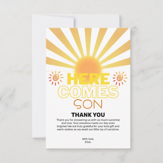 黄ストライプ色の来ここ赤ちゃんシャワー サンキューカード (正面)