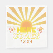 黄ストライプ色の来ここ赤ちゃんシャワー スタンダードランチョンナプキン (正面)