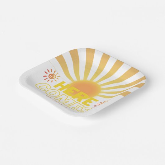 黄ストライプ色の来ここ赤ちゃんシャワー ペーパープレート (傾斜あり)