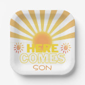 黄ストライプ色の来ここ赤ちゃんシャワー ペーパープレート (正面)