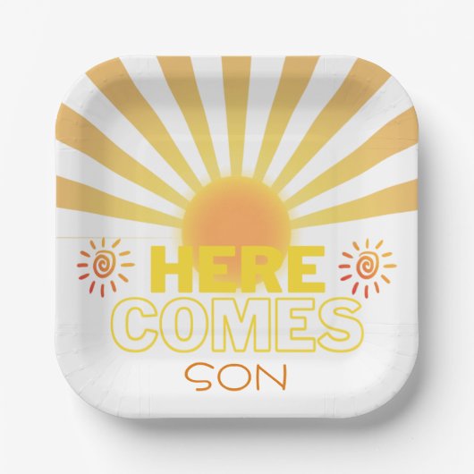 黄ストライプ色の来ここ赤ちゃんシャワー ペーパープレート (正面)