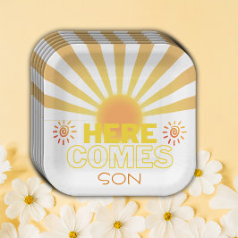 黄ストライプ色の来ここ赤ちゃんシャワー ペーパープレート