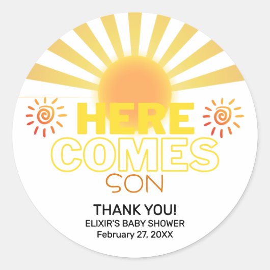 黄ストライプ色の来ここ赤ちゃんシャワー ラウンドシール (正面)