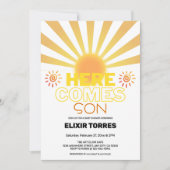 黄ストライプ色の来ここ赤ちゃんシャワー 招待状 (正面)