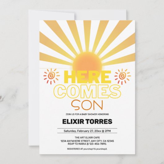 黄ストライプ色の来ここ赤ちゃんシャワー 招待状 (正面)