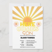 黄ストライプ色の来ここ赤ちゃんシャワー 招待状 (正面)