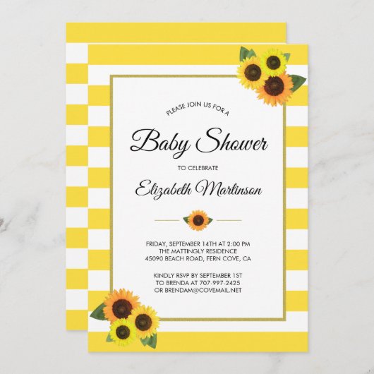 黄ストライプ色ひまわり金ゴールドフローラ赤ちゃんシャワー 招待状 (正面/裏面)