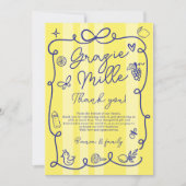 黄ストライプ色イタリアンのチャオ赤ちゃんシャワー サンキューカード (正面)