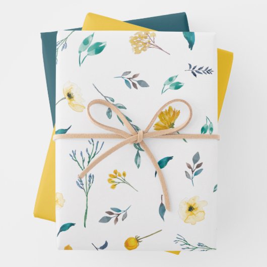 黄ターコイズ無地の水彩花模様 ラッピングペーパーシート (インサイチュ)