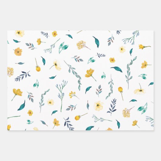 黄ターコイズ無地の水彩花模様 ラッピングペーパーシート (正面)