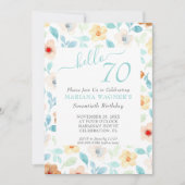 黄ティール(緑がかった色)フローラエレガントスクリプト70番目の誕生日 招待状 (正面)