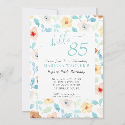 黄ティール(緑がかった色)フローラエレガントスクリプト85th誕生日 招待状 (正面)