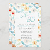 黄ティール(緑がかった色)フローラエレガントスクリプト85th誕生日 招待状 (正面/裏面)