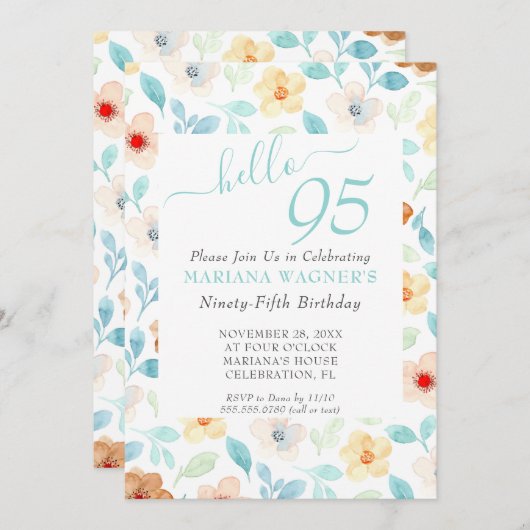 黄ティール（緑がかった色）フローラエレガントスクリプト95th誕生日 招待状 (正面/裏面)