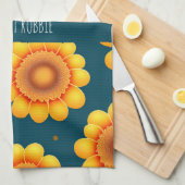 黄デイジーブルー背景植物模様 キッチンタオル (四つ折り)