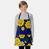黄デイジー青フローラ水彩パターン エプロン (着用した状態)