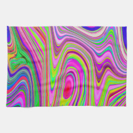 黄トリップ（幻覚体験）のような色とピンクの抽象芸術グルーヴィレトロアート キッチンタオル