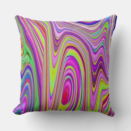 黄トリップ(幻覚体験)のような色とピンクの抽象芸術グルーヴィレトロアート クッション (正面)