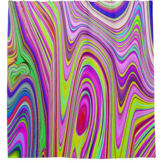 黄トリップ（幻覚体験）のような色とピンクの抽象芸術グルーヴィレトロアート シャワーカーテン (正面)