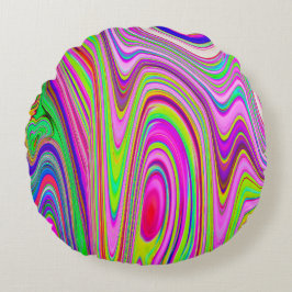黄トリップ（幻覚体験）のような色とピンクの抽象芸術グルーヴィレトロアート ラウンドクッション