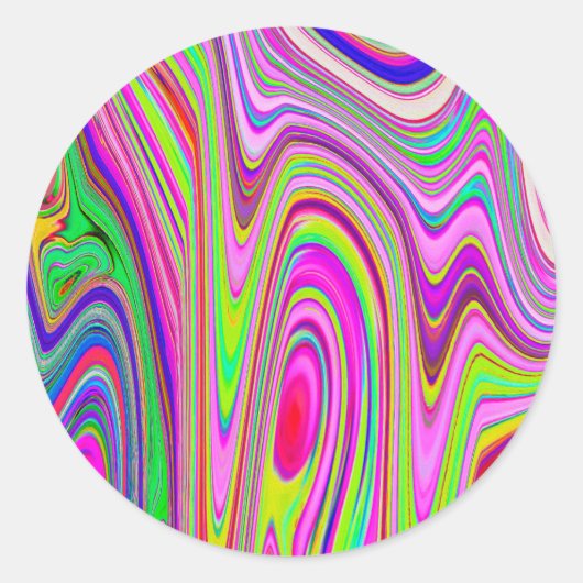 黄トリップ(幻覚体験)のような色とピンクの抽象芸術グルーヴィレトロアート ラウンドシール (正面)