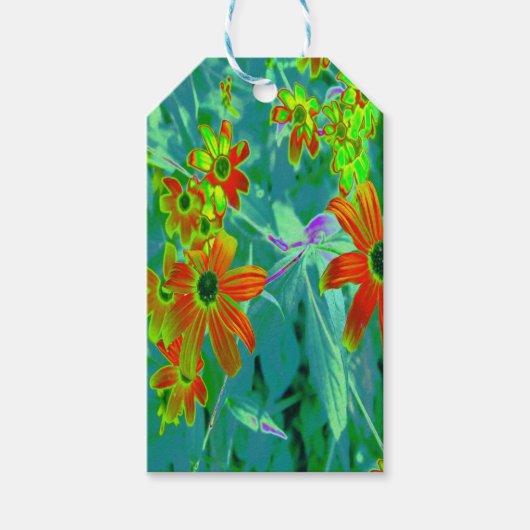 黄トリップ(幻覚体験)のような色と赤の山花とレトロ青 ギフトタグ (正面)