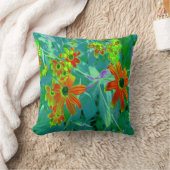 黄トリップ(幻覚体験)のような色と赤の山花とレトロ青 クッション (ブランケット)