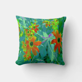 黄トリップ（幻覚体験）のような色と赤の山花とレトロ青 クッション