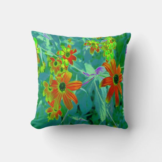 黄トリップ(幻覚体験)のような色と赤の山花とレトロ青 クッション (正面)