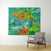 黄トリップ(幻覚体験)のような色と赤の山花とレトロ青 タペストリー (インサイチュ(横))