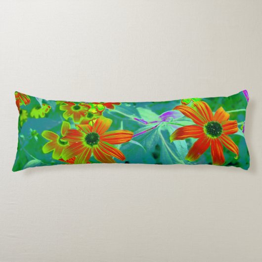 黄トリップ(幻覚体験)のような色と赤の山花とレトロ青 ボディピロー (正面)