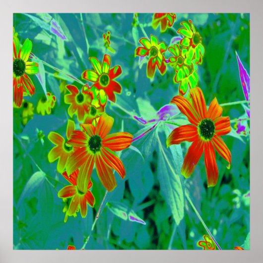 黄トリップ（幻覚体験）のような色と赤の山花とレトロ青 ポスター (正面)