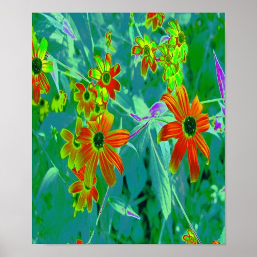 黄トリップ(幻覚体験)のような色と赤の山花とレトロ青 ポスター (正面)