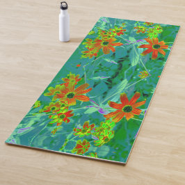 黄トリップ（幻覚体験）のような色と赤の山花とレトロ青 ヨガマット